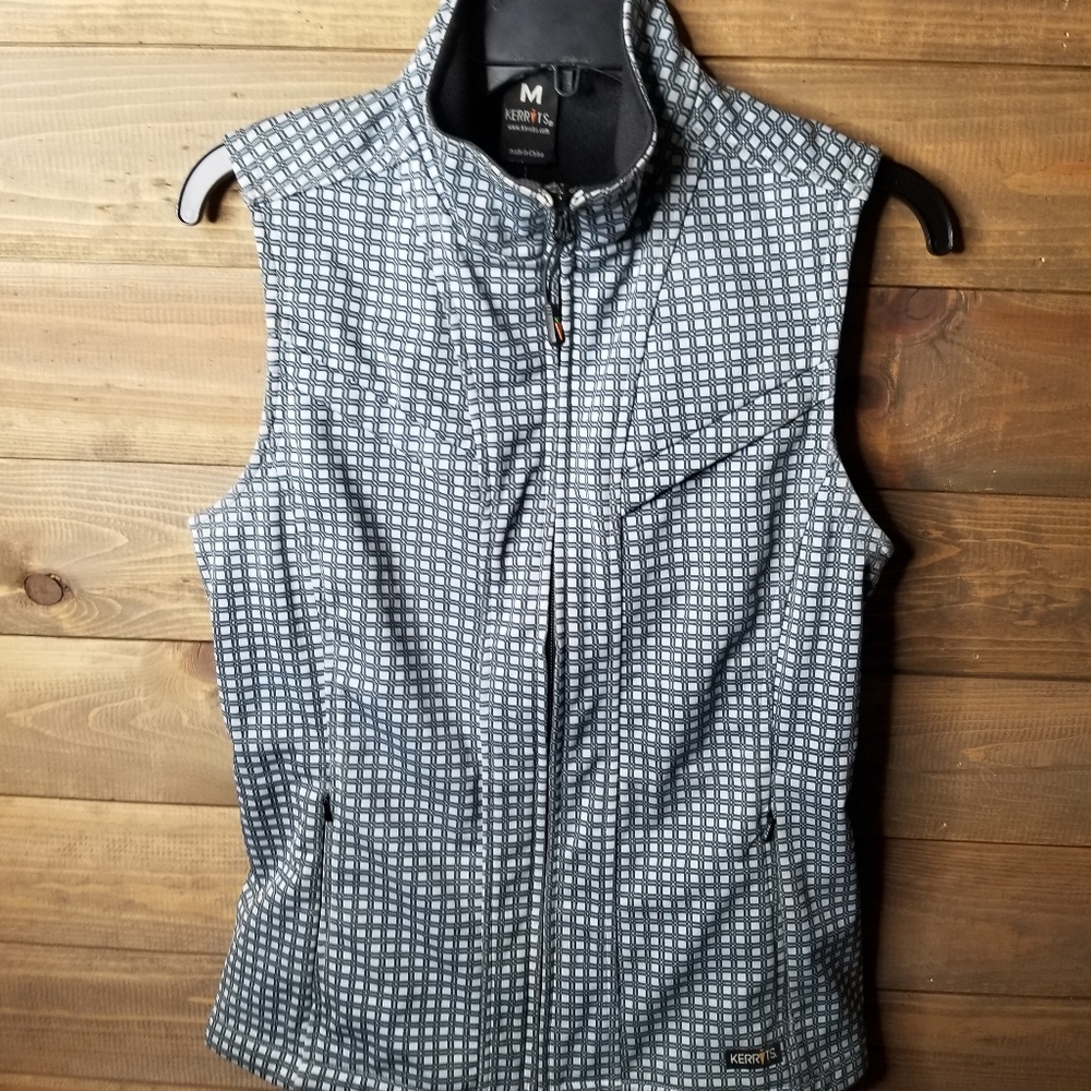 Kerrits riding vest Bluish Green Checked Black Fleece Lined Logo Sz M Equestrian